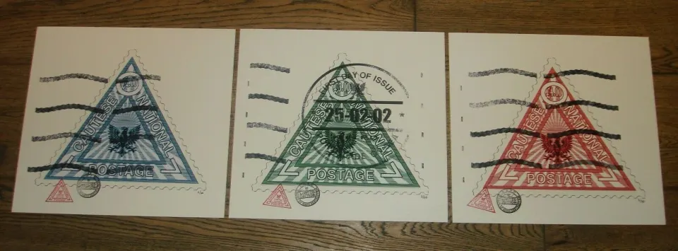 James Cauty (1956 - ) CNPD £2, £3 and £4 Triangle Stamps - Set of 3 Pop Editions COA  (2005)