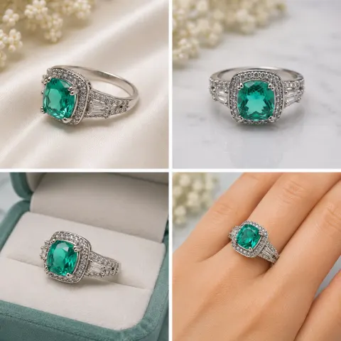 Green Cushion-Cut Stone Halo Silver-Tone Ring