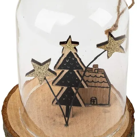 6 x GLASS DOME & WOOD CHRISTMAS DECORATION (Cottage)