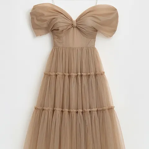 Designer White Label Dress Midi Off-Shoulder Tulle Champagne RRP £775 Size 36 (S)