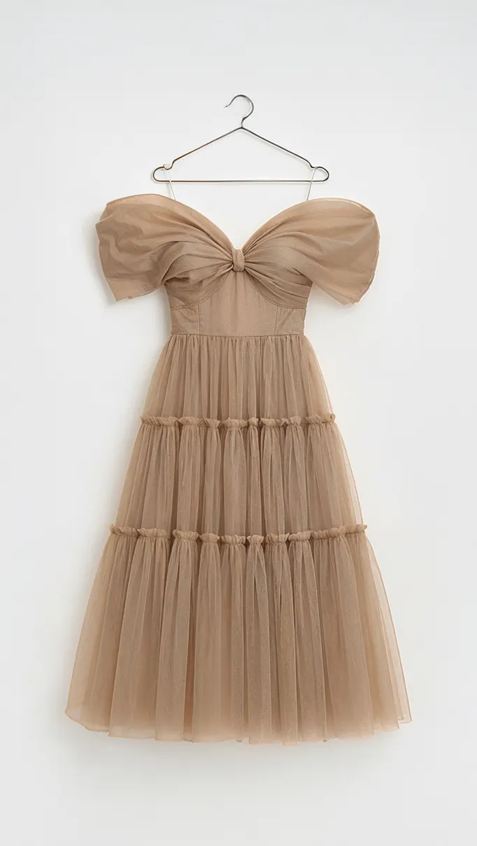 Designer White Label Dress Midi Off-Shoulder Tulle Champagne RRP £775 Size 36 (S)