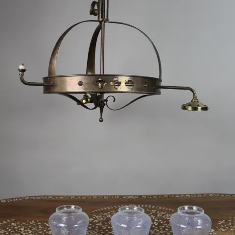 Antique Gothic Revival Brass Three-Light Gasolier with Opalescent Glass Shades, circa 1900