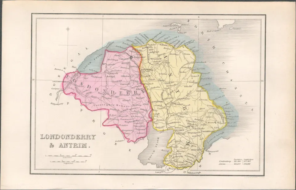 Antique Engraving 1850’s Map Londonderry & Antrim.