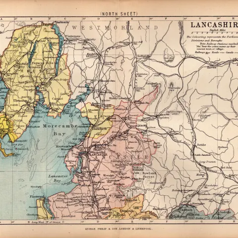 Lancashire North 1895 Antique Victorian Detailed Coloured Map.