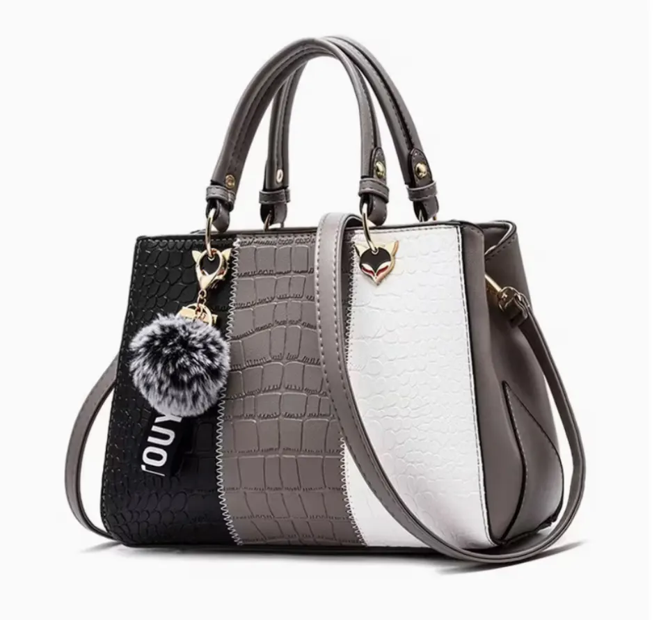 Elegant PU Leather Handbag For Women – Contrast Wave Design, Multi-Pocket Tote With Adjustable Strap