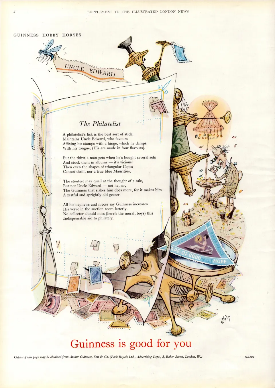 Original 64-Year-Old 1959 Guinness Print the Philatelist– GE 3273   #-9.
