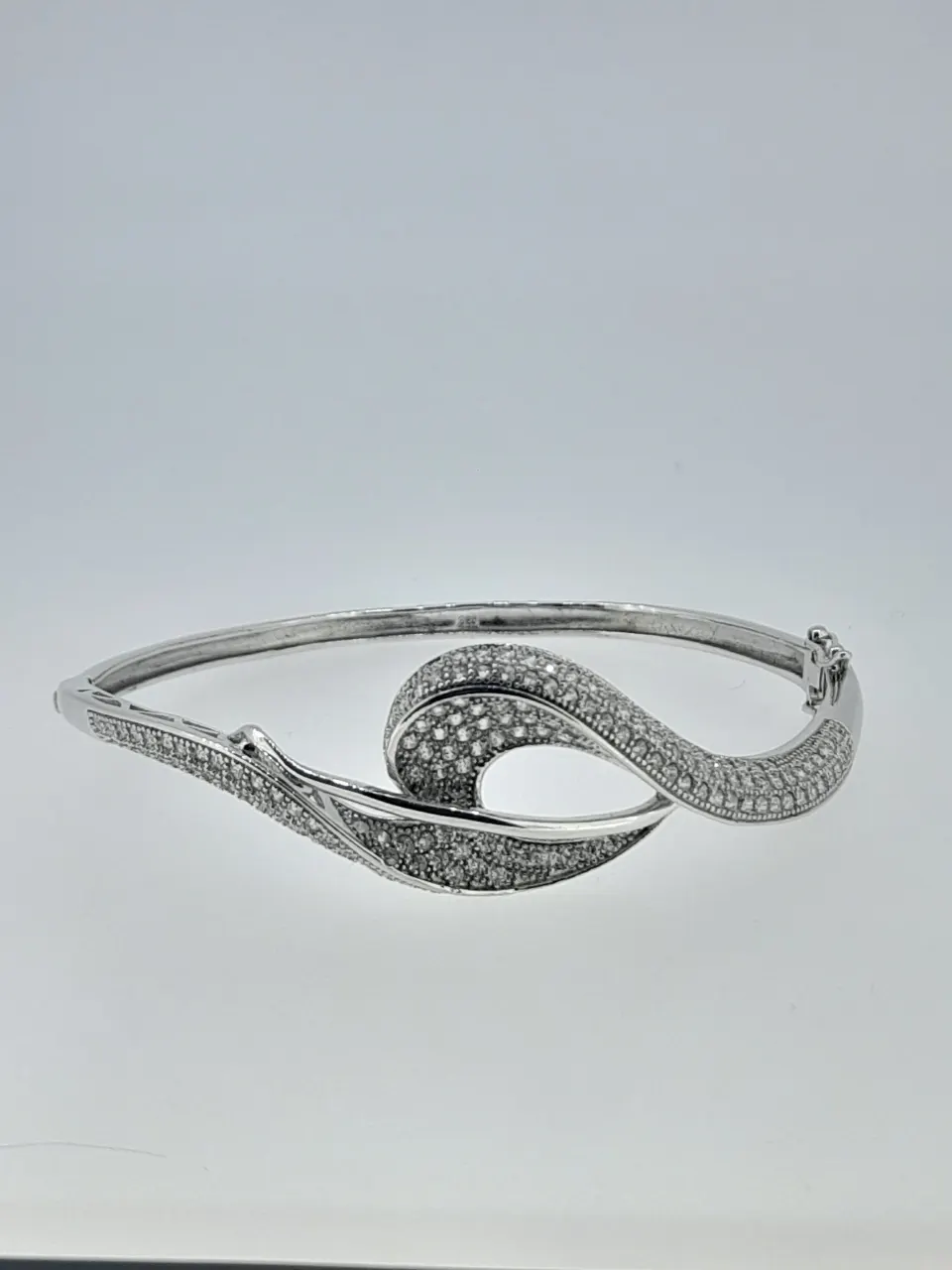 Silver Hinged Bangle Set With Clear CZ Stones