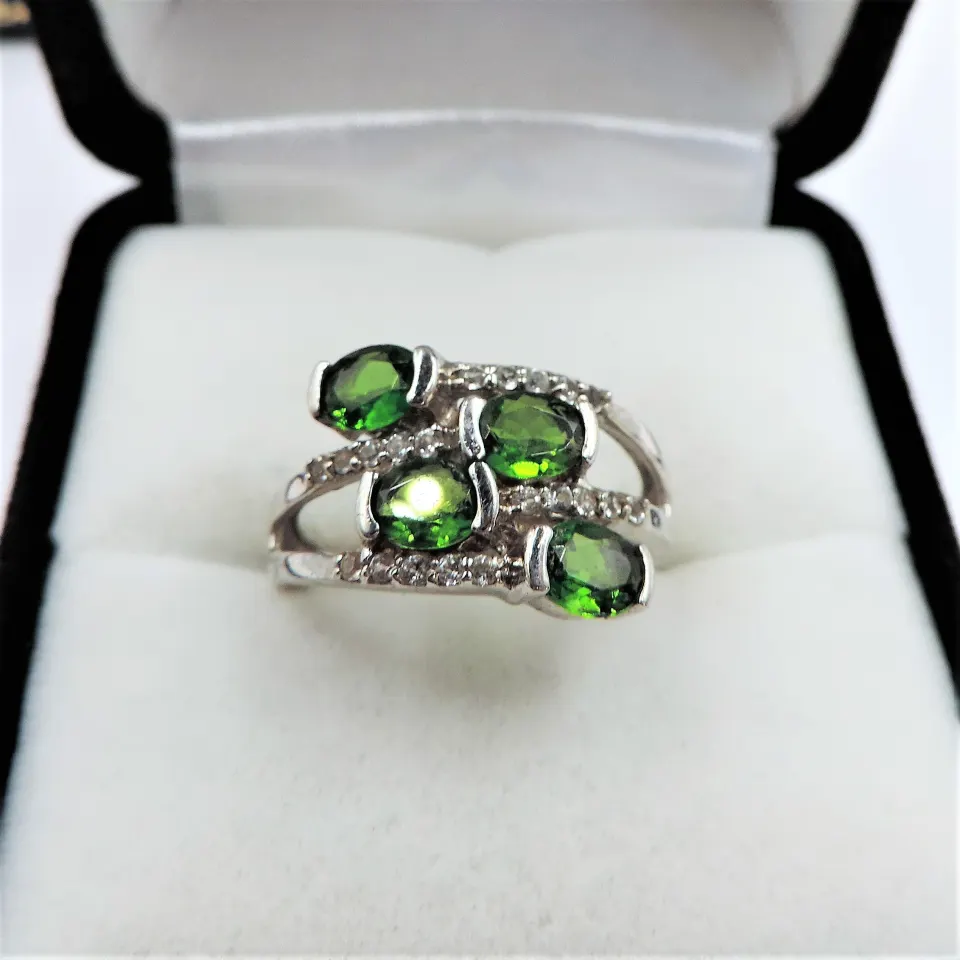 Green Diopside & White Topaz Ring Sterling Silver New with Gift Pouch