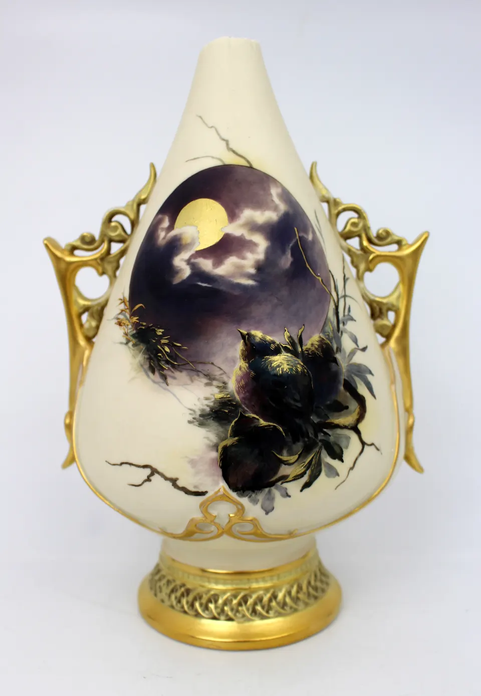 Royal Worcester Blush Ivory Vase with Moonlit Bird Scene, Dated 1887 — Damaged