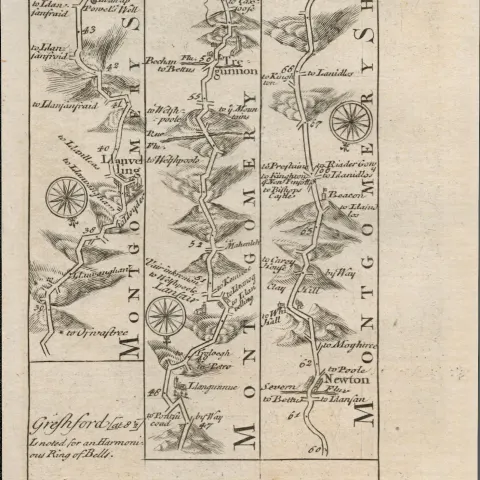 Britannia Depicta E Bowen c1730 Map Wales Tregynon  Newtown Wells, Brecon.