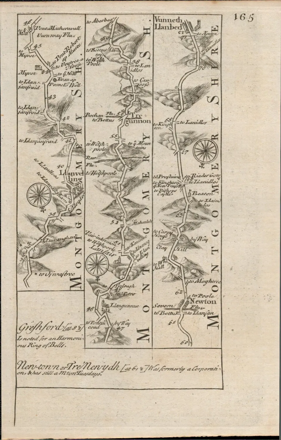 Britannia Depicta E Bowen c1730 Map Wales Tregynon  Newtown Wells, Brecon.