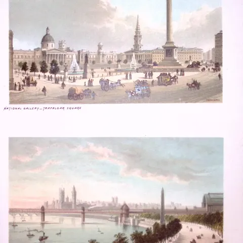 London Thames Embarkment & Trafalgar Square Victorian Antique Print-1