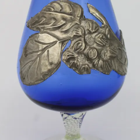 Vintage Blue Glass & Pewter Decorated Goblet