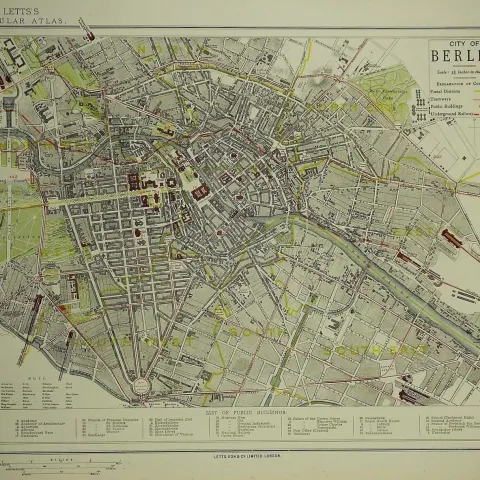 City Of Berlin Germany Victorian Letts 1882 Antique Coloured Map.