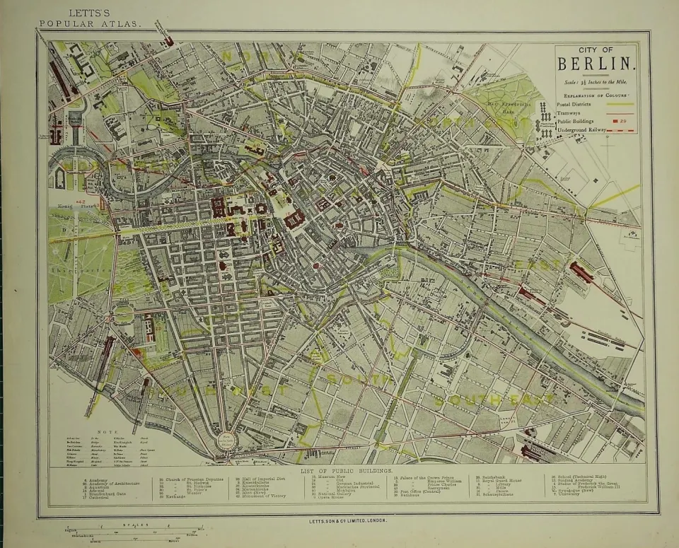 City Of Berlin Germany Victorian Letts 1882 Antique Coloured Map.