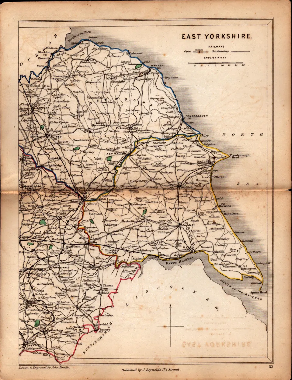 Antique Railway Map of East Yorkshire Drawn & Engraved by John Emslie.