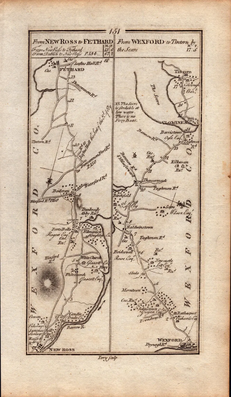 Ireland Rare Antique 1777 Map Wexford New Ross Enniscorthy Johnstown Castle.