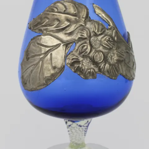 Vintage Blue Glass & Pewter Decorated Goblet