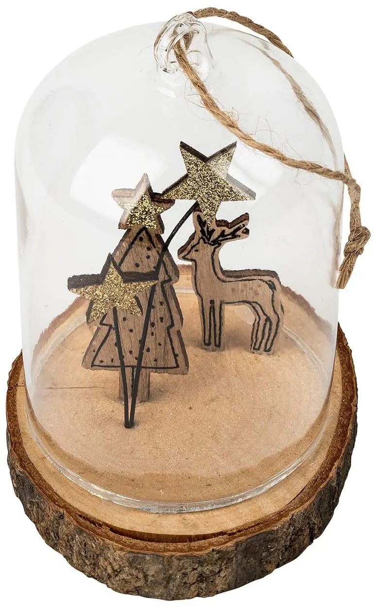6 x GLASS DOME & WOOD CHRISTMAS DECORATION (Reindeer)