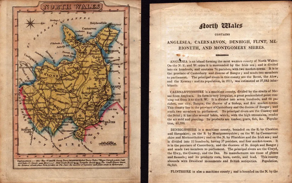 North Wales Engraved Hand Coloured George IV  Antique Map & Text.