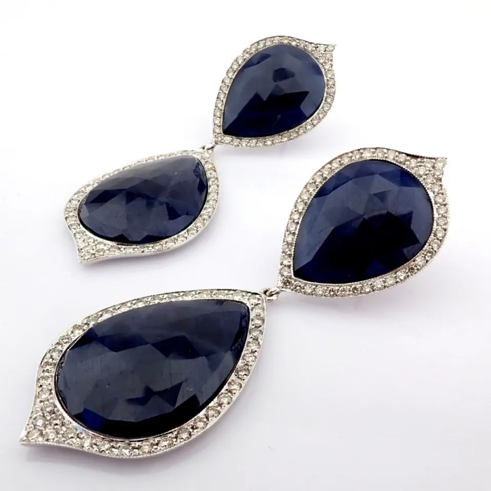 18K White Gold Earrings Detailed With Slice Cut Rough Sapphire In The Centres and Brilliant Diamonds