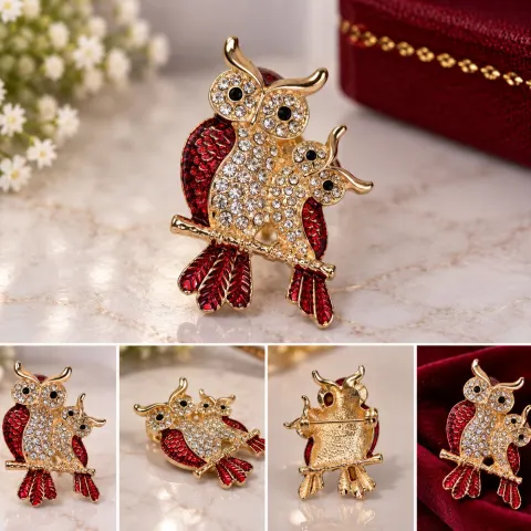 Gold Tone Owl Family Brooch with Red Enamel & Crystal Accents