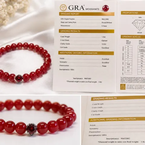 Red Beaded Bracelet with 1.00ct Garnet Color Moissanite – GRA Certificate