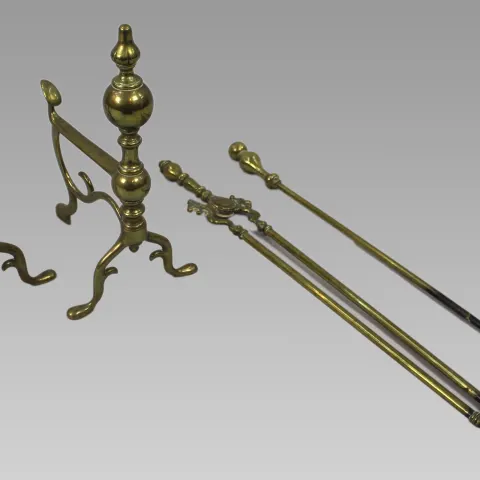 Antique Brass Fire Dogs and Companion Set, c.1850–1880