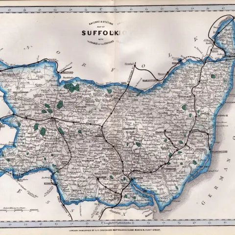 County Suffolk Cruchley Scarce Antique Railways & Stations Coloured Map.