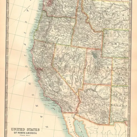 United States West California Nevada Utah Wyoming Etc Large Antique Map.