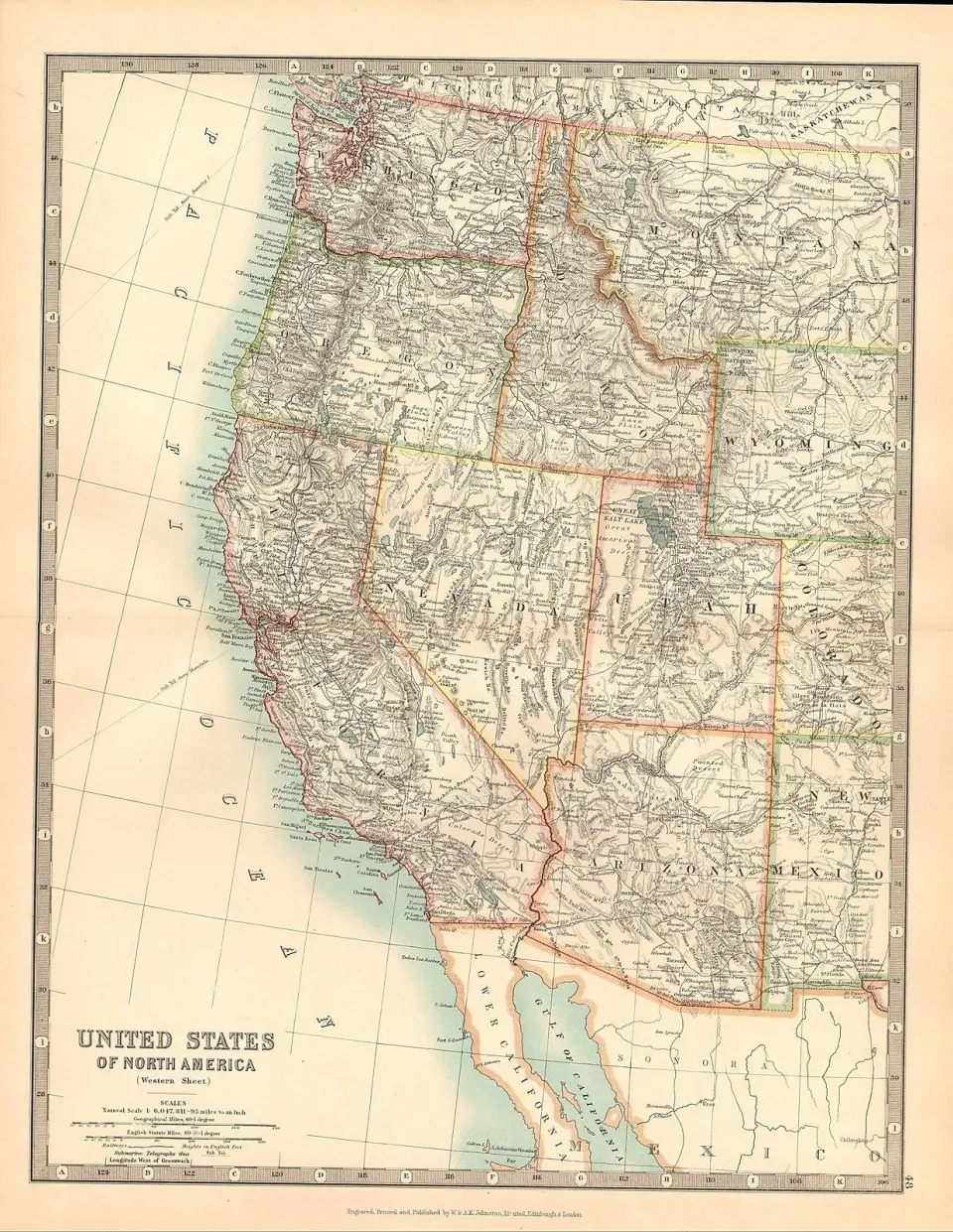 United States West California Nevada Utah Wyoming Etc Large Antique Map.