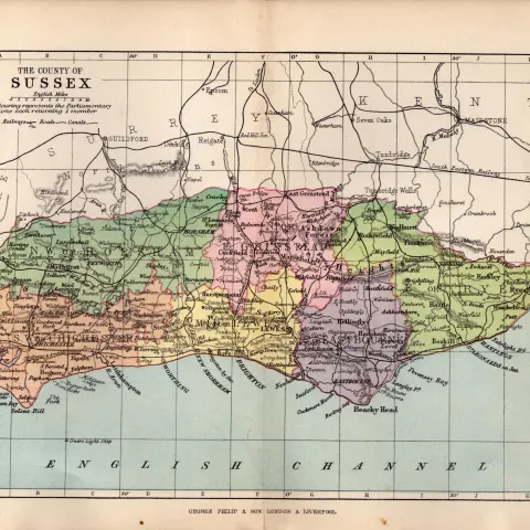 County Sussex 1895 Antique Victorian Coloured Map.