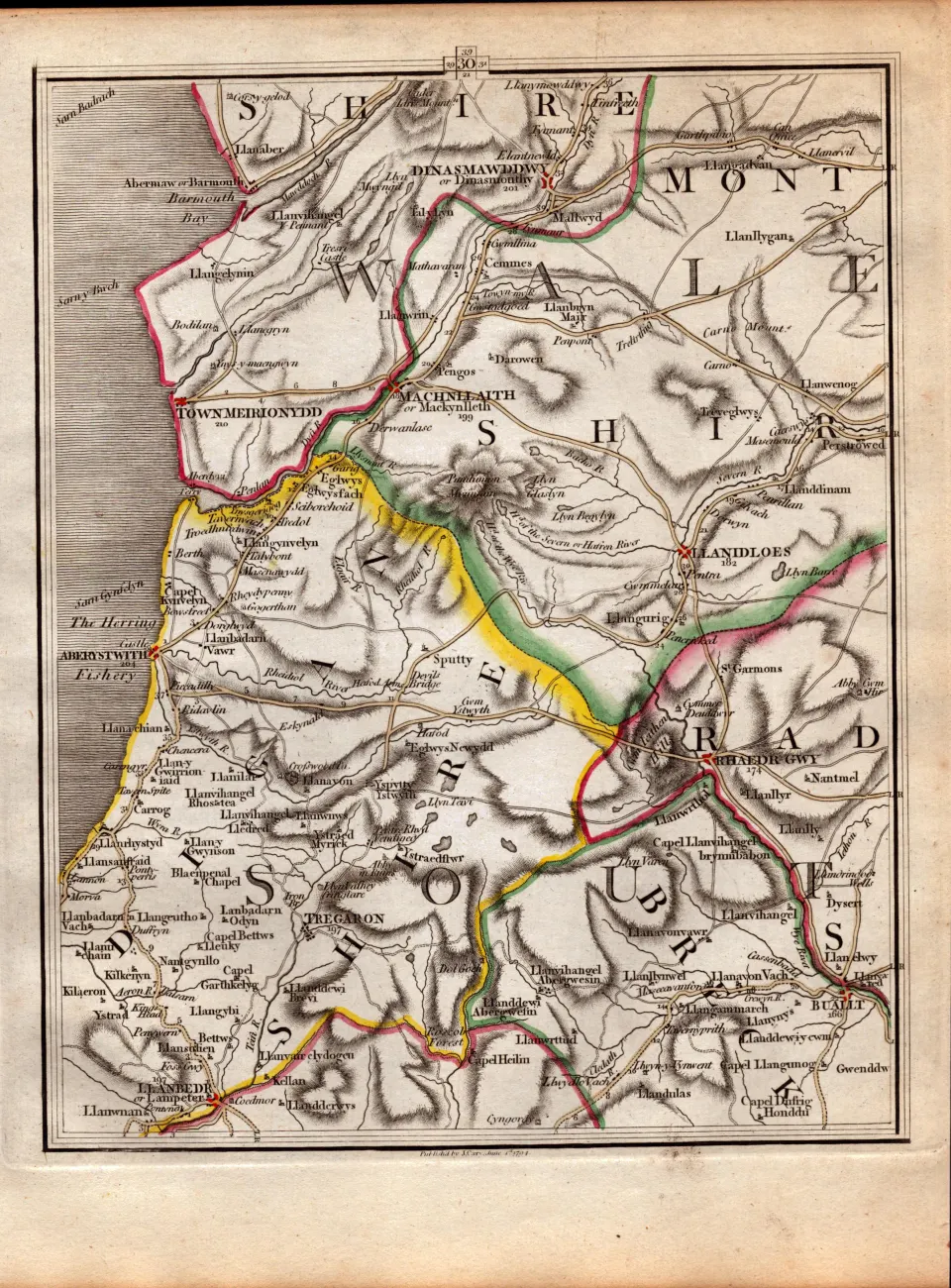 Cambrian Mountains Towyn Tregaron John Carys Antique  230 Years-Old 1794 Map.