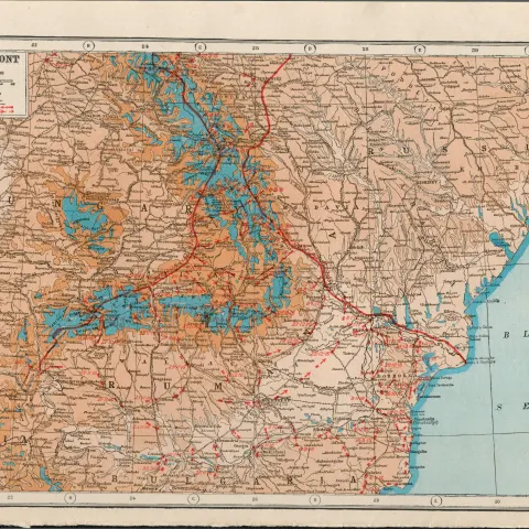 WW1 Along The Eastern Front Antique Coloured Map 1922.