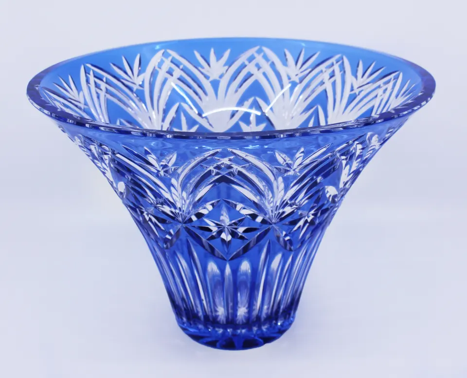 Vintage Stourbridge Glass Blue Overlay Crystal Splayed Vase