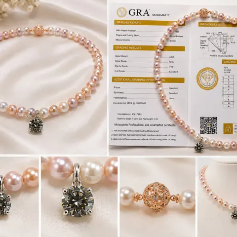 Pastel Shell Pearl Necklace 6mm with 2.00ct Grey Moissanite – GRA Certificate