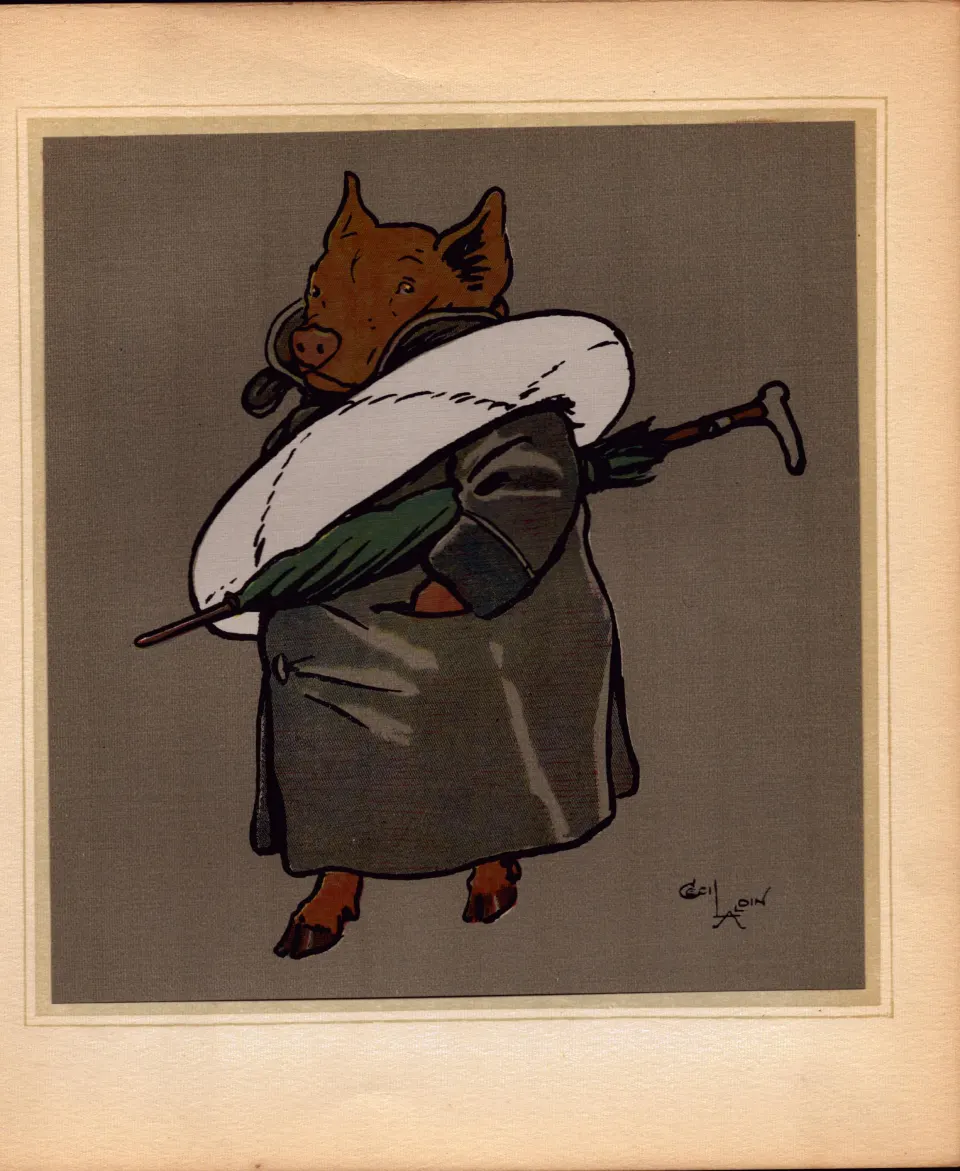 Cecil Aldin Merry Party Rare Antique Book Plate “ Pig Getting Ready To Bathe”