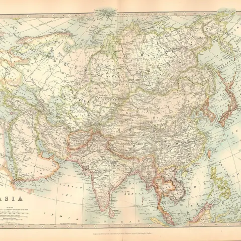 Asia India Arabia Tibet Siberia Japan Large Coloured Antique Map.