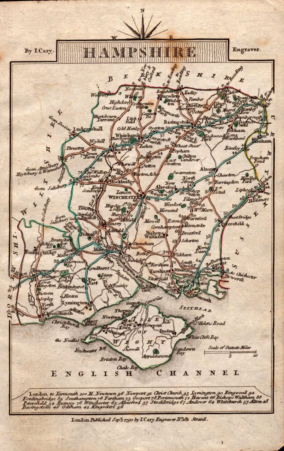 Hampshire John Cary’s 1792 Antique George III Coloured Engraved Map.