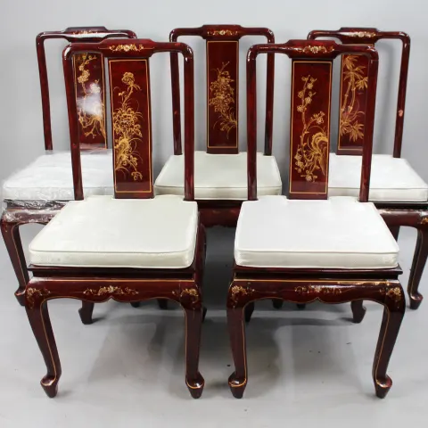 Set of 5 Vintage Red Lacquer Shibayama Dining Chairs