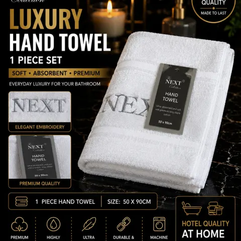 The NEXT Collection White Cotton Hand Towel | 1 Piece | 50 x 90cm | Soft Premium Embroidered Hotel Q