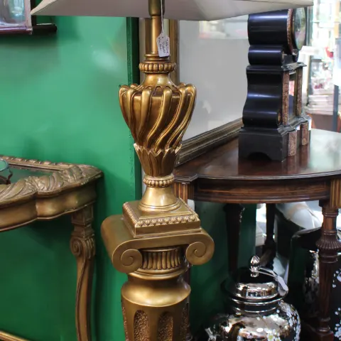 Gold Table Lamp with Shade on Pedestal
