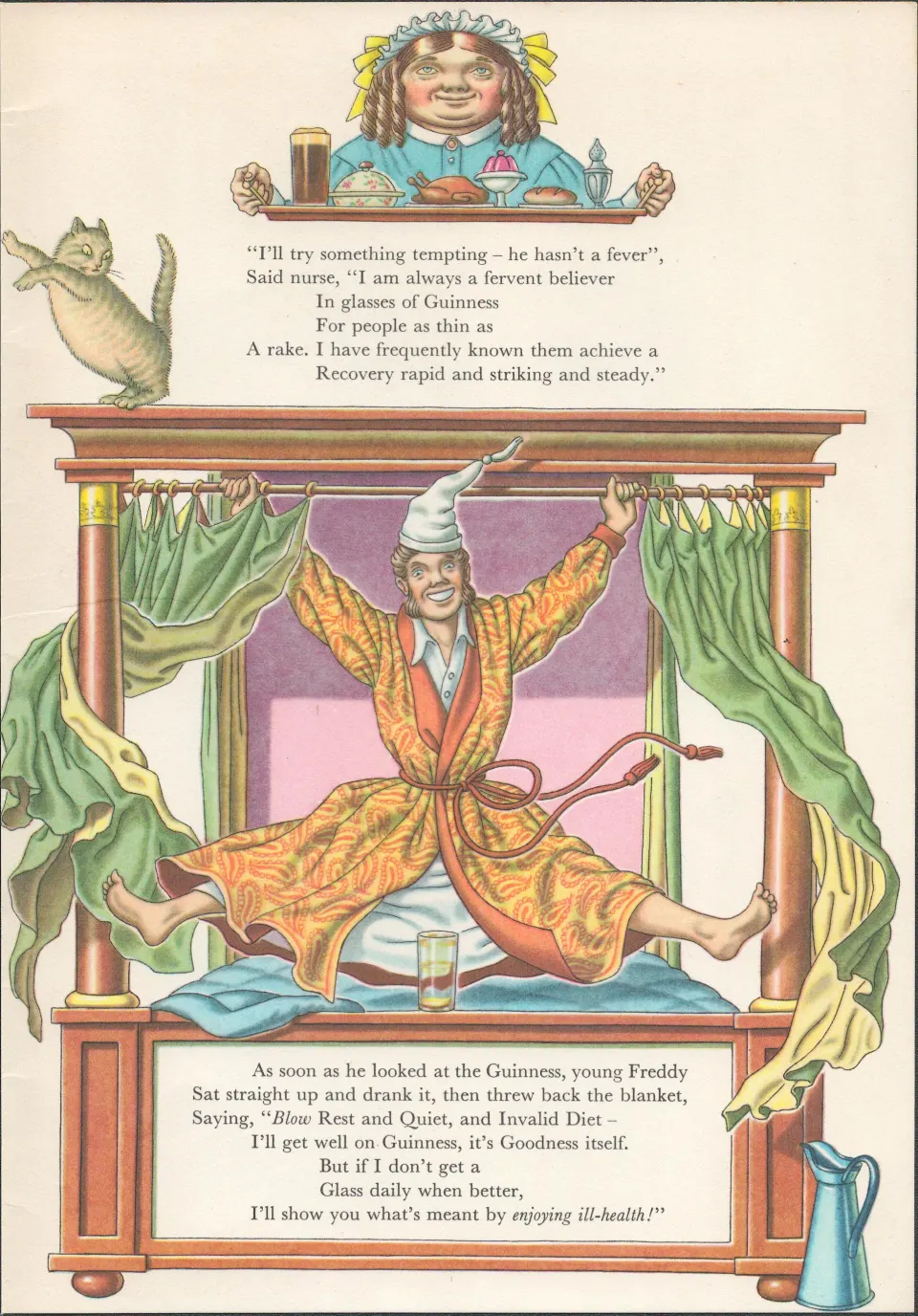 Double Sided Guinness Print 1956 "The Bachelor & The Bed Chamber"A Genuine Double Sided Lithographed
