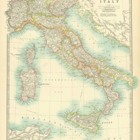 Italy Corsica Sardinia Sicily Large Coloured  Antique Map.