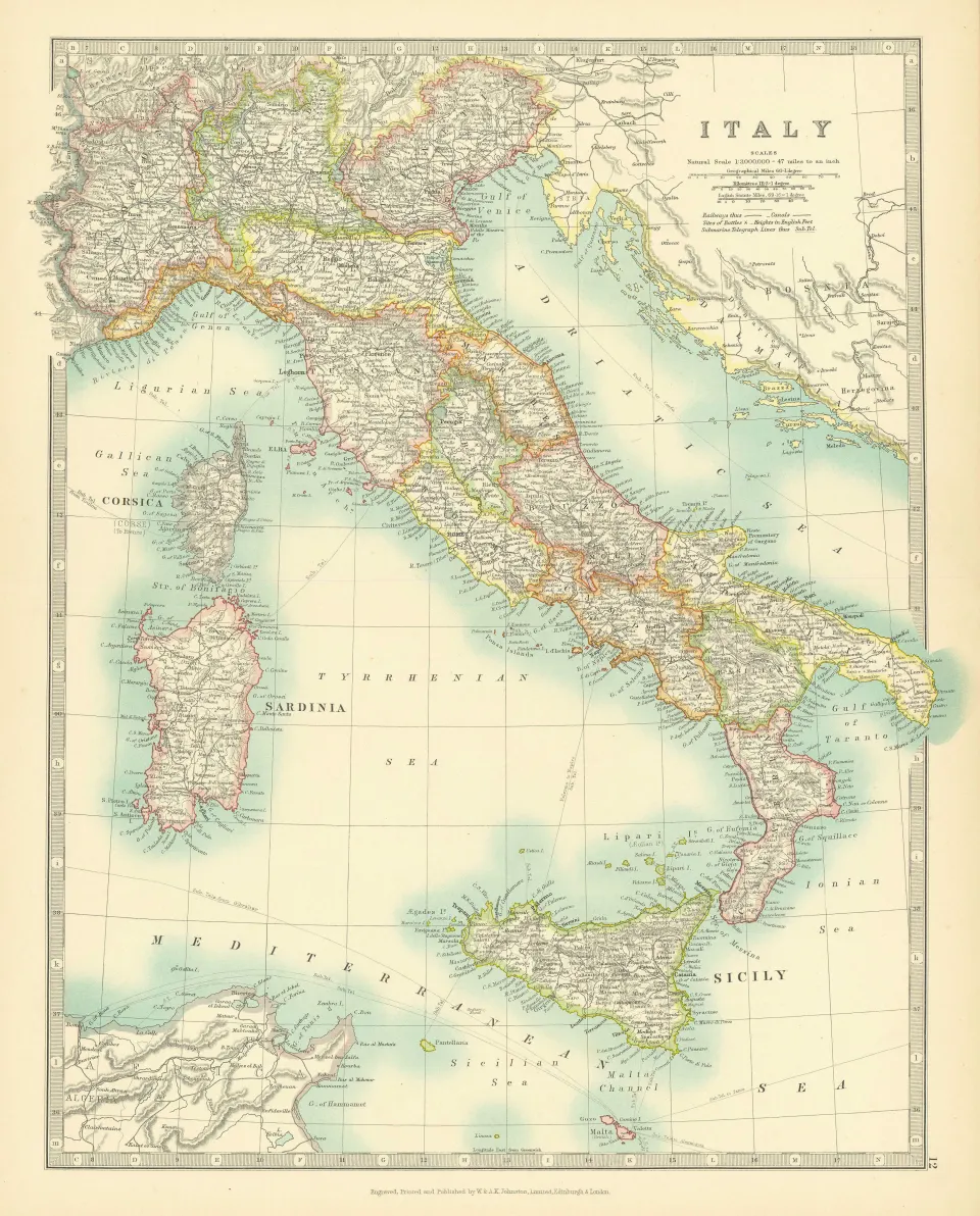 Italy Corsica Sardinia Sicily Large Coloured  Antique Map.