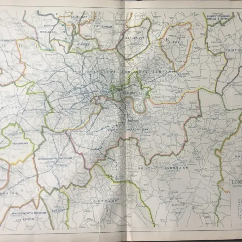 Bacons Vintage London Suburbs Gas Supply and Underground Railway Map.