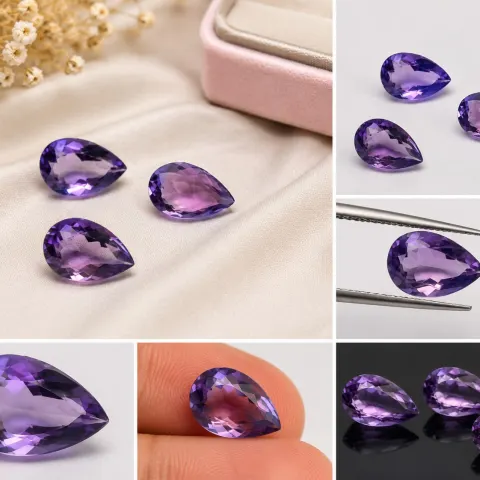 A beautiful set of three natural Amethyst gemstones, each featuring an elegant pear shape with a fac