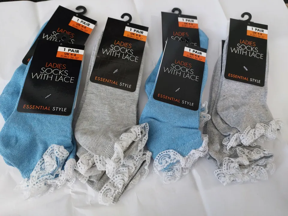 Box of ladies socks grey, blue and black.  24 pairs in box