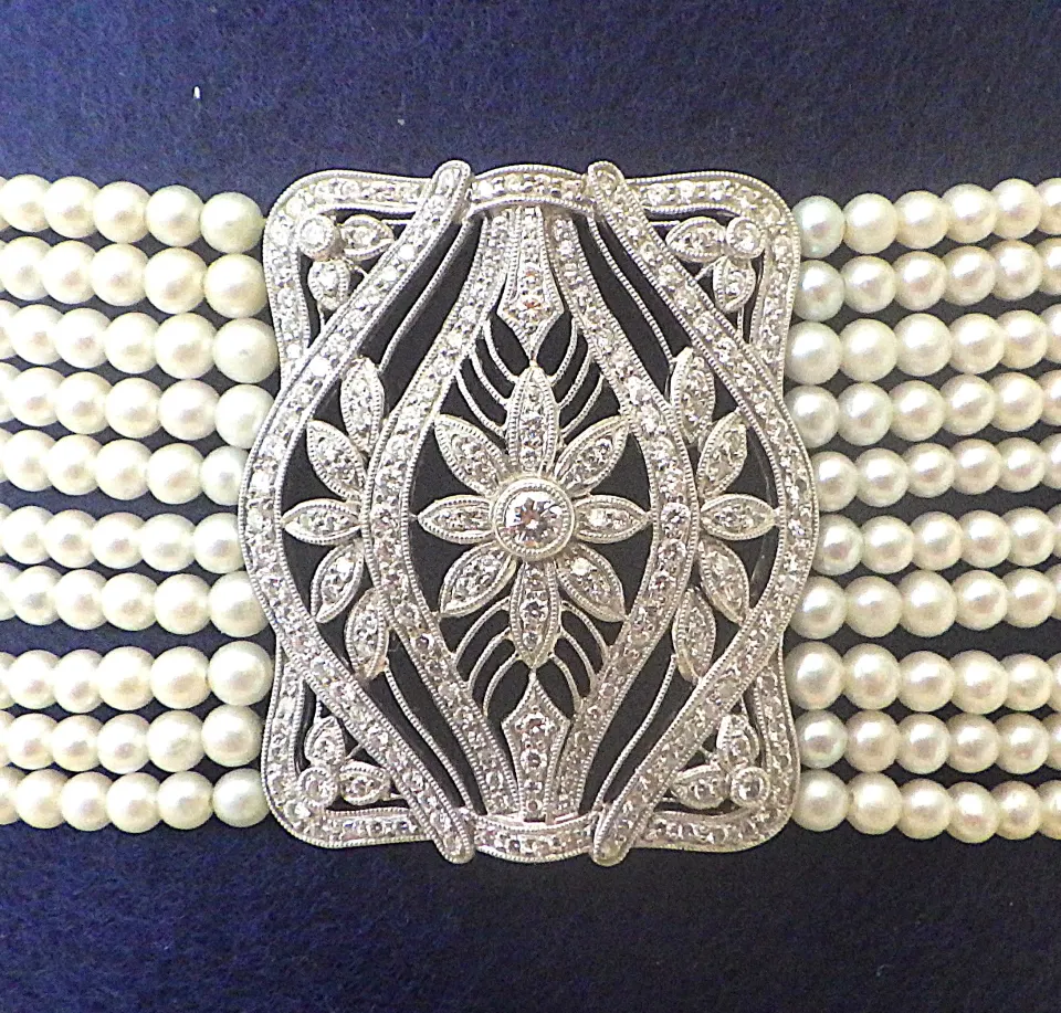 Vintage (Or Older) Platinum and Diamond Choker Necklace With Ten Rows of Marine White Pearls.