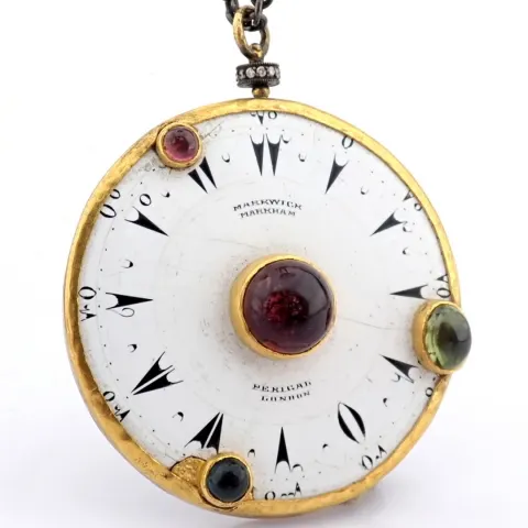 An Exquisite Necklace Made of Gold and Silver, Featuring An Antique Watch Dial Adorned With Precious